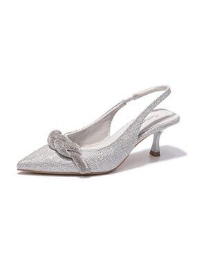 Faux Leather Slingback Pumps Pointed Toe Kitten Heel Elastic Strap Dress Party